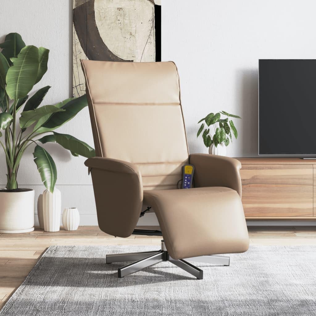 Fotel relaksacyjny z podnóżkiem, kolor brązowy cappuccino, ze sztucznej skóry, regulowany, obrotowy, z funkcją leżenia, ergonomiczny, wygodny, do salonu, biura, kącika do czytania, kominka