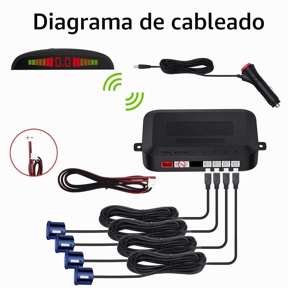 Kit De Asistencia De Aparcamiento Inalámbrico | Radar De Marcha Atrás con 4 Sensores PDC | Pantalla LED con Aviso Acústico, Sin Cableado, Fácil Instalación, Azul
