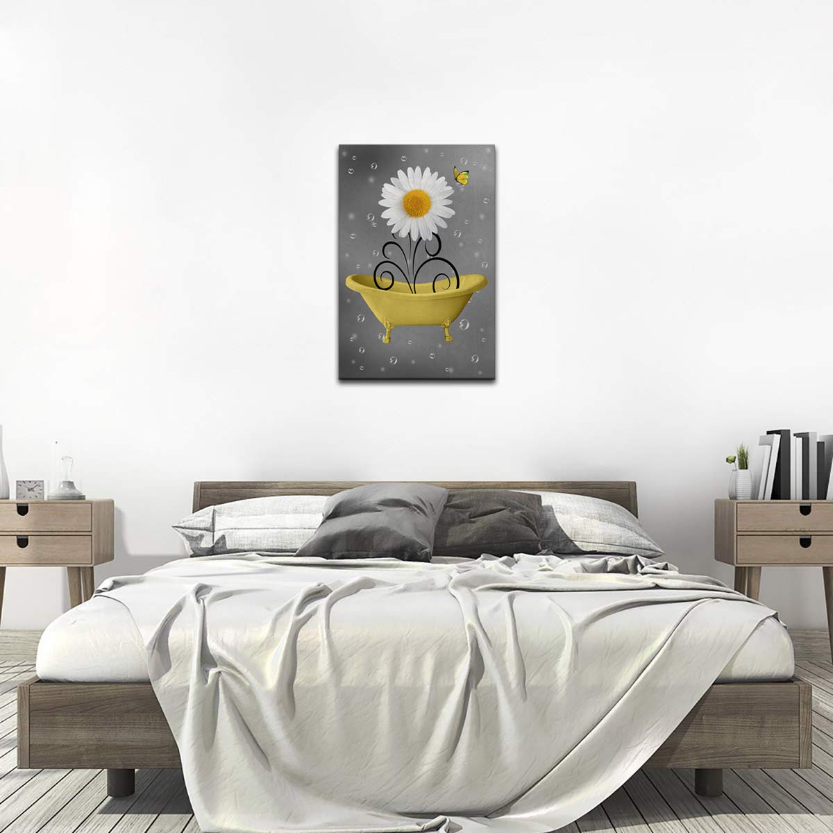 Bathroom Wall Art Daisy Canvas Pictures Modern Flower Bathtub Artwork Rustic Wood Board Background Contemporary Wall Art Decor Bedroom Living Room Office Home Framed Ready to Hang Yellow 16" x 24"