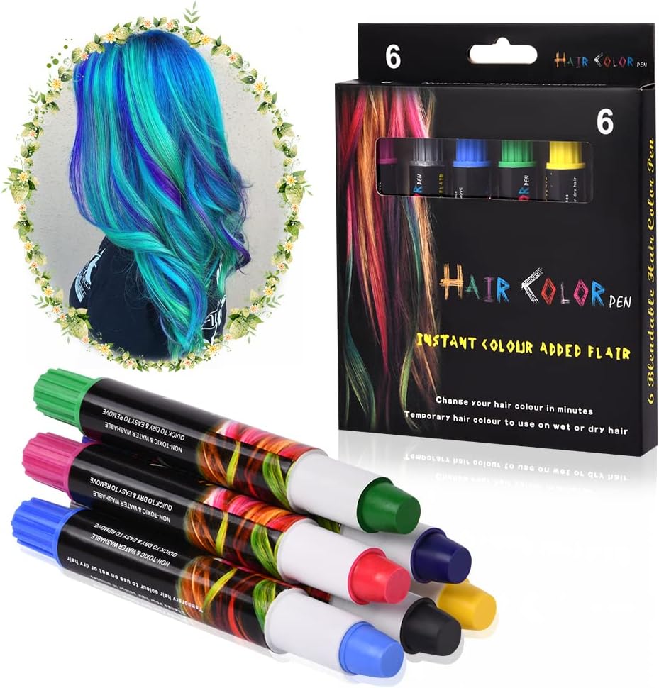 AOOWU 6 Colors Hair Chalk, Temporary Hair Color Chalk for Girls Kids, Safe Non-Toxic Washable Hair Dye Hair Chalk Pens, Hair Color Dyeing Tool for Halloween Christmas New Year Party Cosplay AOOWU 6 Colors Hair Chalk, Temporary Hair Color Chalk for Girls Kids, Safe Non-Toxic Washable Hair Dye Hair Chalk Pens, Hair Color Dyeing Tool for Halloween Christmas New Year Party Cosplay
