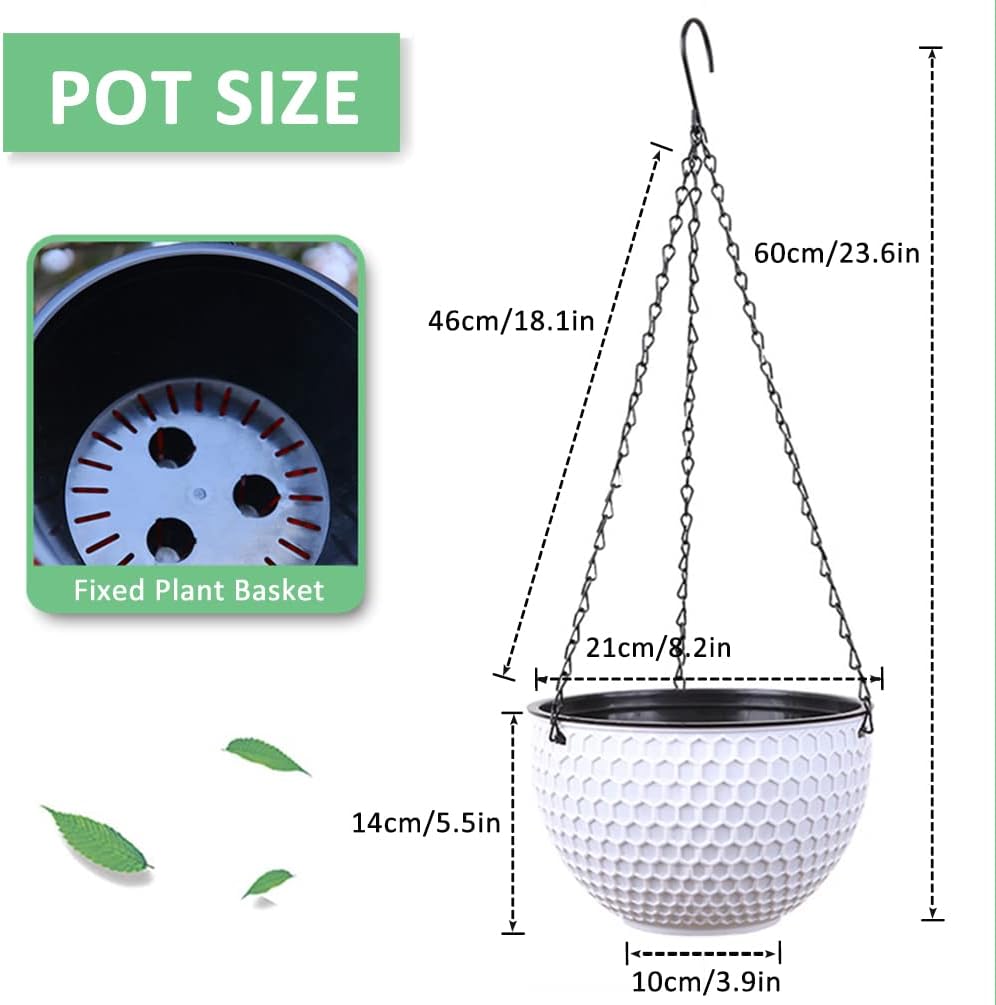 Hanging Flower Pots, Set of 3, Self-Watering Hanging Plant Pots with Water Reservoir & Drainage Hole Honeycomb Hanging Basket with Rustproof Chains for Indoor Outdoor 6.5" 8.2" 10"