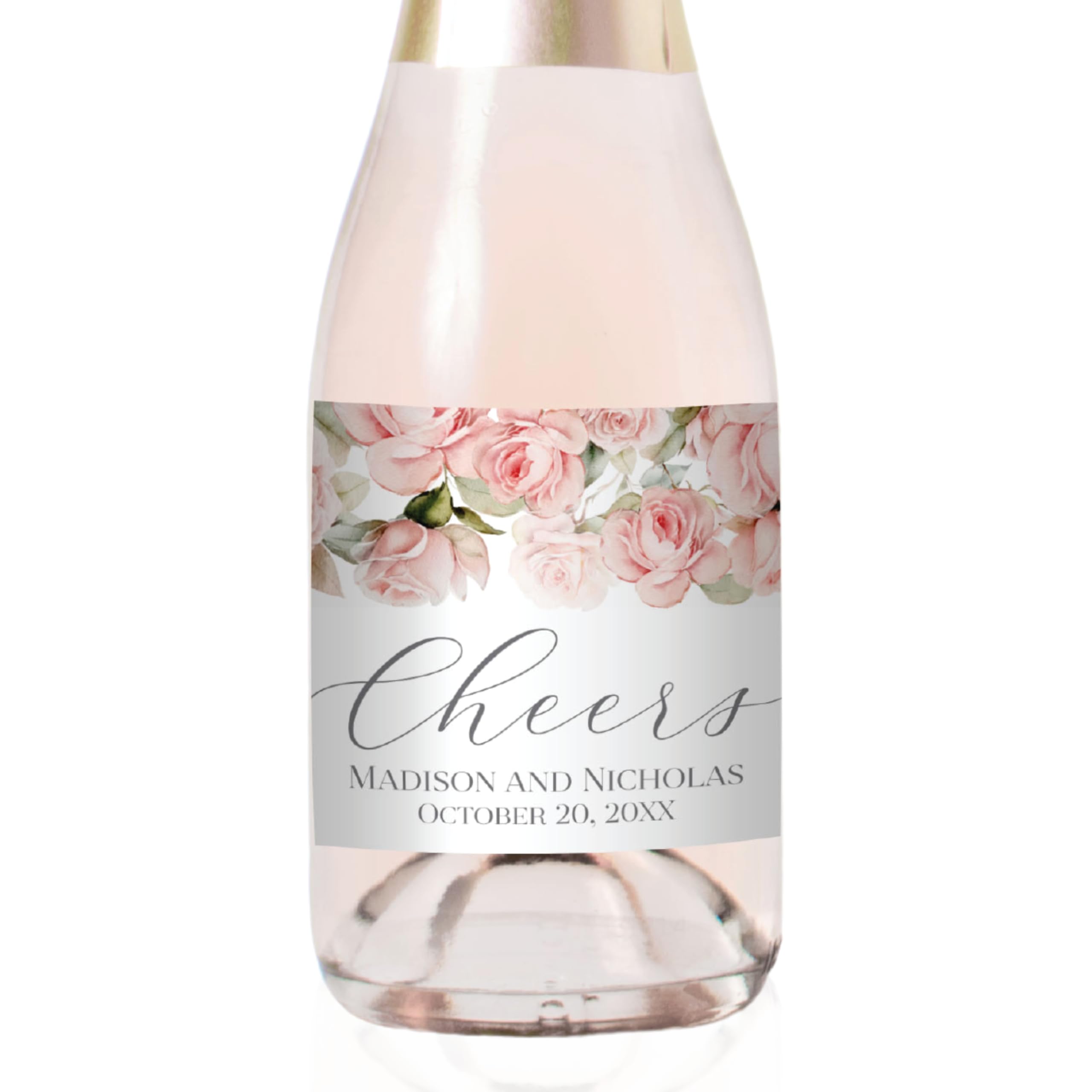 Personalized Labels for Mini Champagne Bottles with Your Choice of 30 Flower Styles - Choose Font and One of Six Pre-Made Phrases or Custom - LABELS