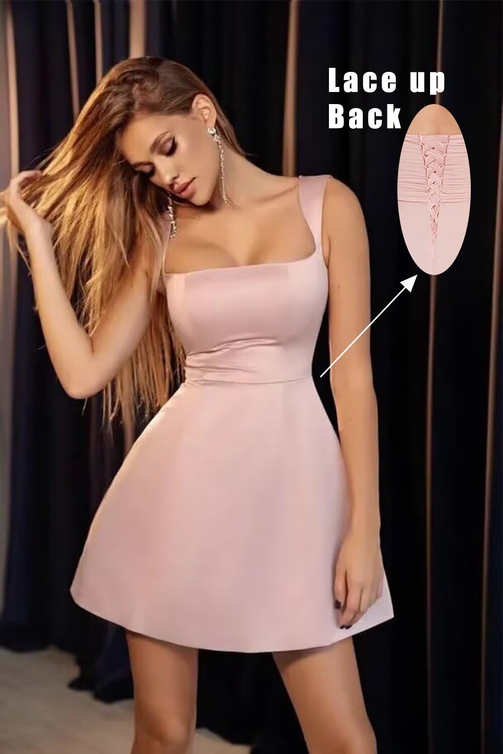 Eightale Vestido corto de satén para regreso a casa, cuello cuadrado, acampanado, vestido formal de cóctel