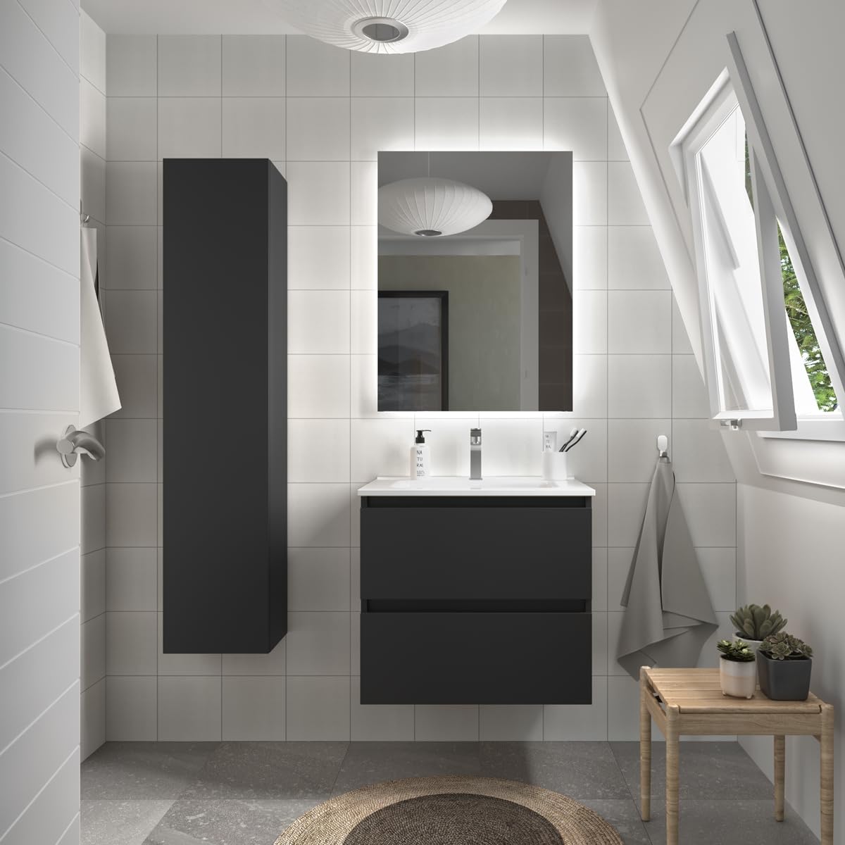 Mueble de baño Bequia 60 cm con Lavabo 100% montado de fábrica | Acabado Negro Mate suspendido 2 cajones Cierre amortiguado Apertura con uñero | Lavabo Porcelana Blanca | Marca Salgar