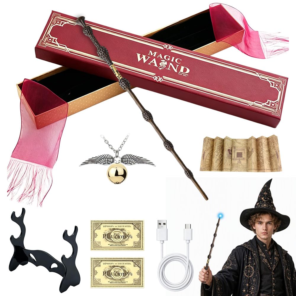 Foreverup Dumbledore Wand, 38cm Dumbledore Magic Wand, USB Charging Glow Magics Wands, Magic Wizard Wands with Spell Chart, Station Ticket, Map and Holder for Halloween Costume Parties