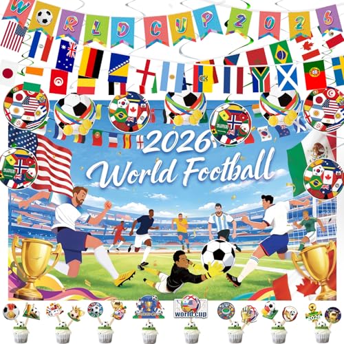 AhfuLife Kit Décoration Coupe du Monde de Football 2026 – 48 Pays Guirlande de Fanions, Bannière de Fond Mondial, 24 Tourbillons Suspendus Football et 14...