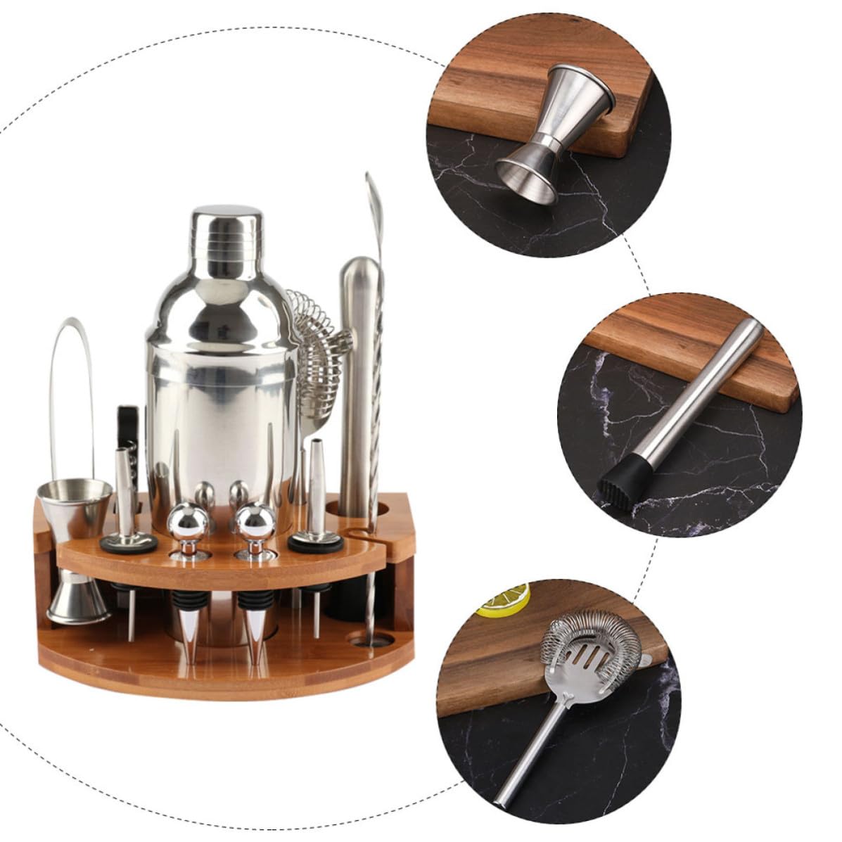 TOYANDONA Juego de Coctelera de 12 Piezas Soporte de Bambú y Acero Inoxidable para Preparar Cócteles en Bar o Casa, Kit Profesional para Bebidas y Té