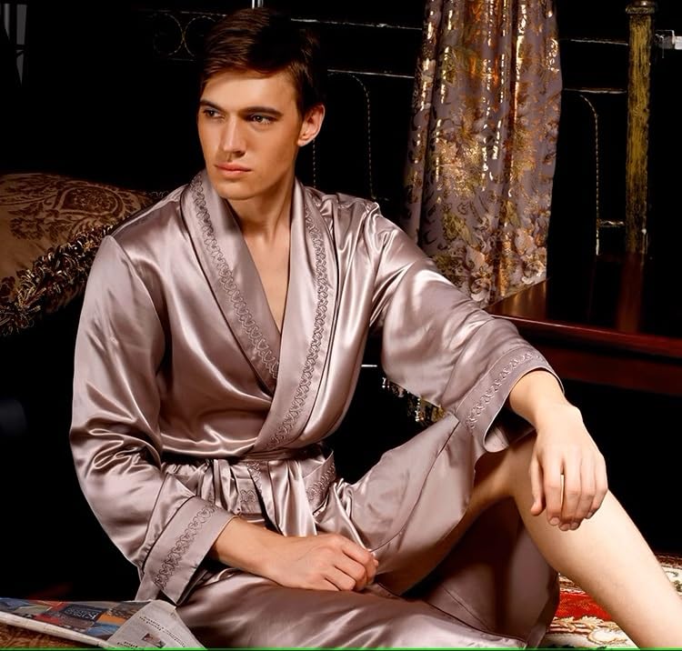 Image of Men's 100% Mulberry Silk Long Robe Kimono Paisley Print Bath Robe, Heavy Silk 19 Momme Dressing Gown
