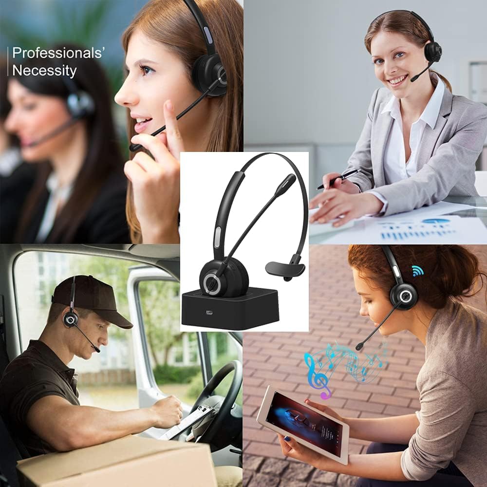 BIGFOX Auriculares Inalámbricos Bluetooth con Micrófono Mono Tipo Diadema - Auricular Inalámbrico para Teléfono Fijo con Base de Carga, Manos Libres, Cancelación de Ruido, Giro de 300°
