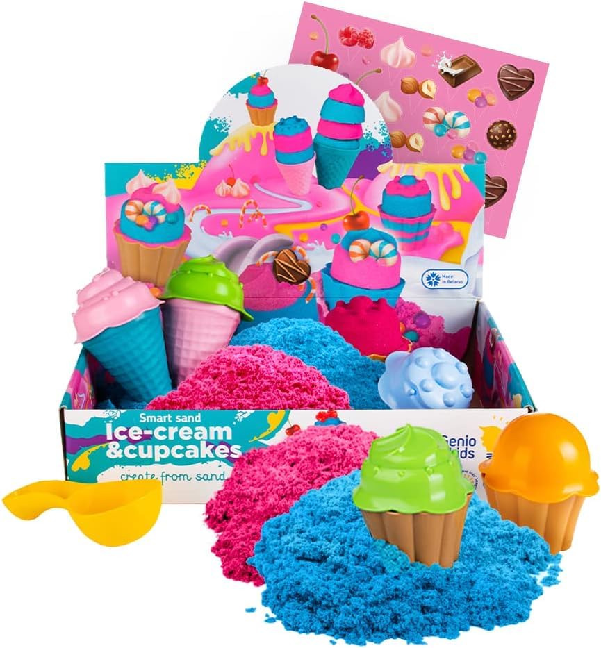 Genio Kids Arena Mágica Helados y Cupcakes 1 kg, Rosa y Azul - Arena Mágica no Toxica con 8 Moldes, Arena Sensorial Infantil Perfecta para Juegos Creativos y Educativos