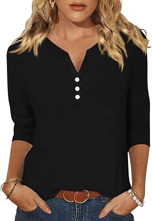 EADINVE Womens 3/4 Sleeve T-Shirts V Neck Buttons Tops Basic Tee Solid Color Blouse Loose Fit Pullover Summer Shirts 2024