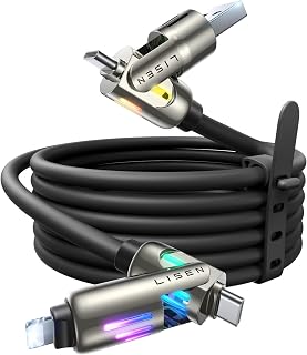 LISEN Chubby 4 in 1 Charging Cable (6.6FT) with Light, 240W Fast Charging Cable, USB A/C to C/Lightning Multi Charging Cable for iPhone 16 15 14 13 12 Pro Max, MacBook, iPad, Samsung, Black