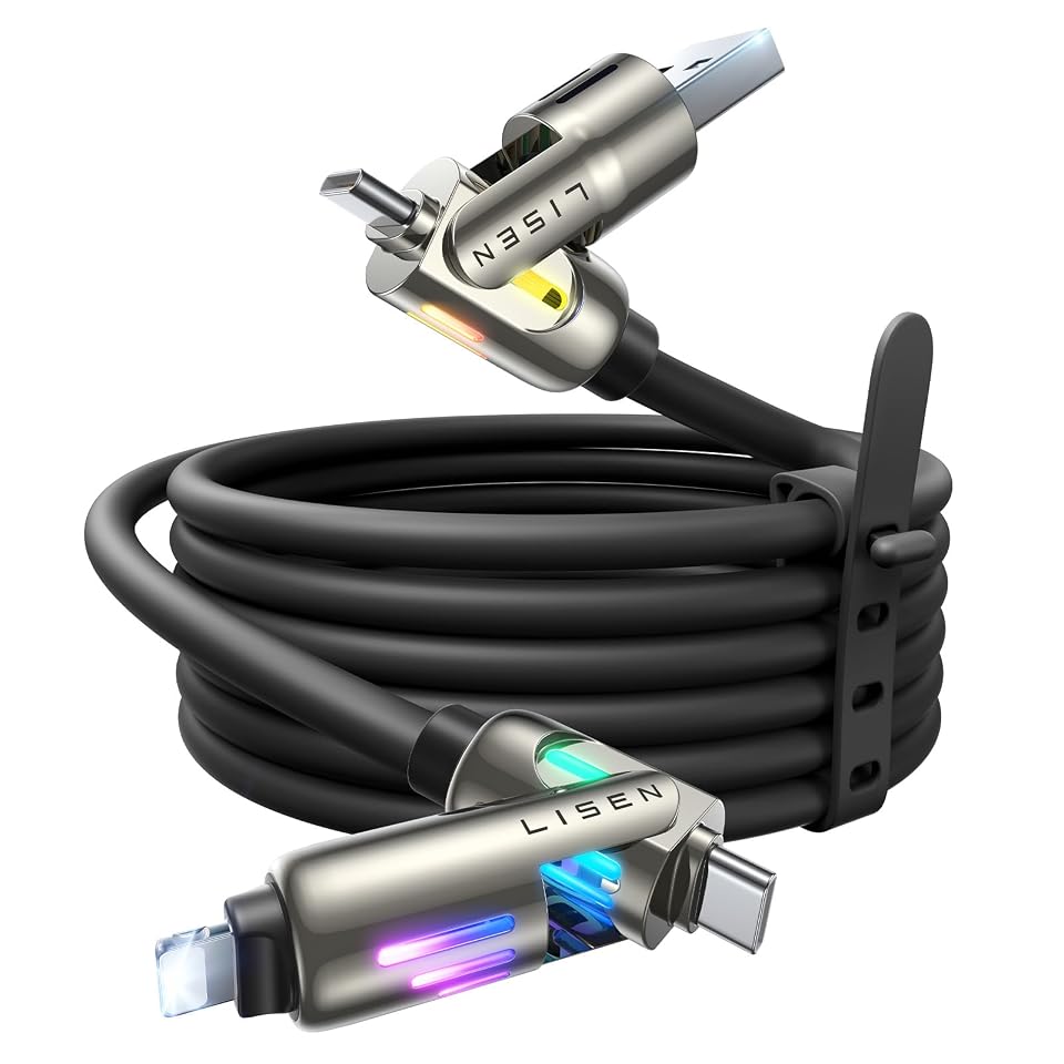 LISEN Chubby 4 in 1 Charging Cable (6.6FT) with Light, 240W Fast Charging Cable, USB A/C to C/Lightning Multi Charging Cable for iPhone 16 15 14 13 12 Pro Max, MacBook, iPad, Samsung, Black