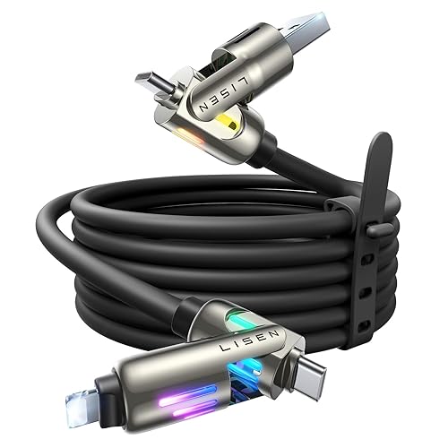 LISEN 240W USB-C Charge Cable, Chubby USB C Cable, 4 in 1 Charging Cable (6.6FT) with Light, USB A/C to C/L Multi Charging Cable for iPhone 16 15 14 13 12 Pro Max, MacBook, iPad, Samsung, Black - 6.6FT - Black