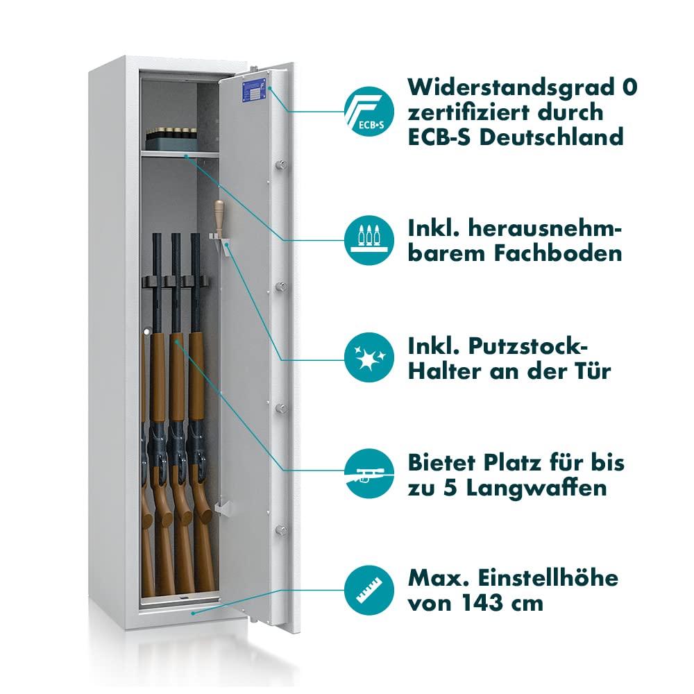 SafeHero Waffenschrank Klasse 0 EN 1143-1 Secureo Hawk 5 XL | Waffenschrank 0 für 5 Langwaffen | Langwaffenschrank mit Elektronikschloss & Notschlüssel | Waffenschrank Langwaffen, Kurzwaffen + Muni.