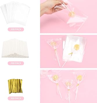 600 Pcs Cake Pop Sticks and Wrappers Kit, Including 6 Inch Paper Lollipop Sticks,4 x 6 Inches Clear Candy Treat Bags, Plastic Cake Pop Bags and Gold Twist Ties Chocolate Pops Making Accessories