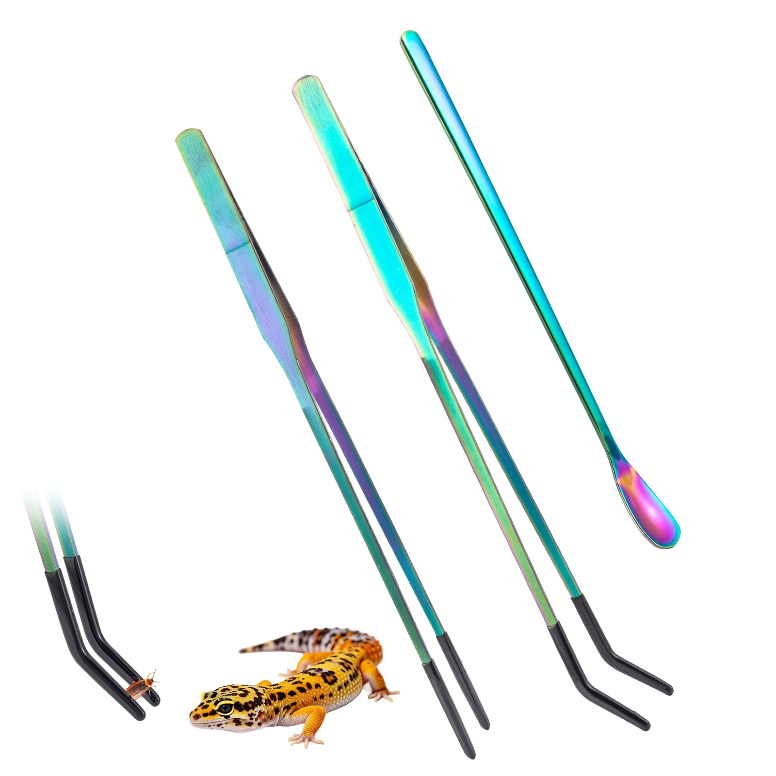 3PCS Reptile Feeding Tweezers Spoon (10.6" + 7"),Stainless Steel Straight & Curved Tweezers With Rubber Tip,Feeding Spoon Fish Tank Plants Tool and Gecko Lizard Snakes Frog Feeding Clamps