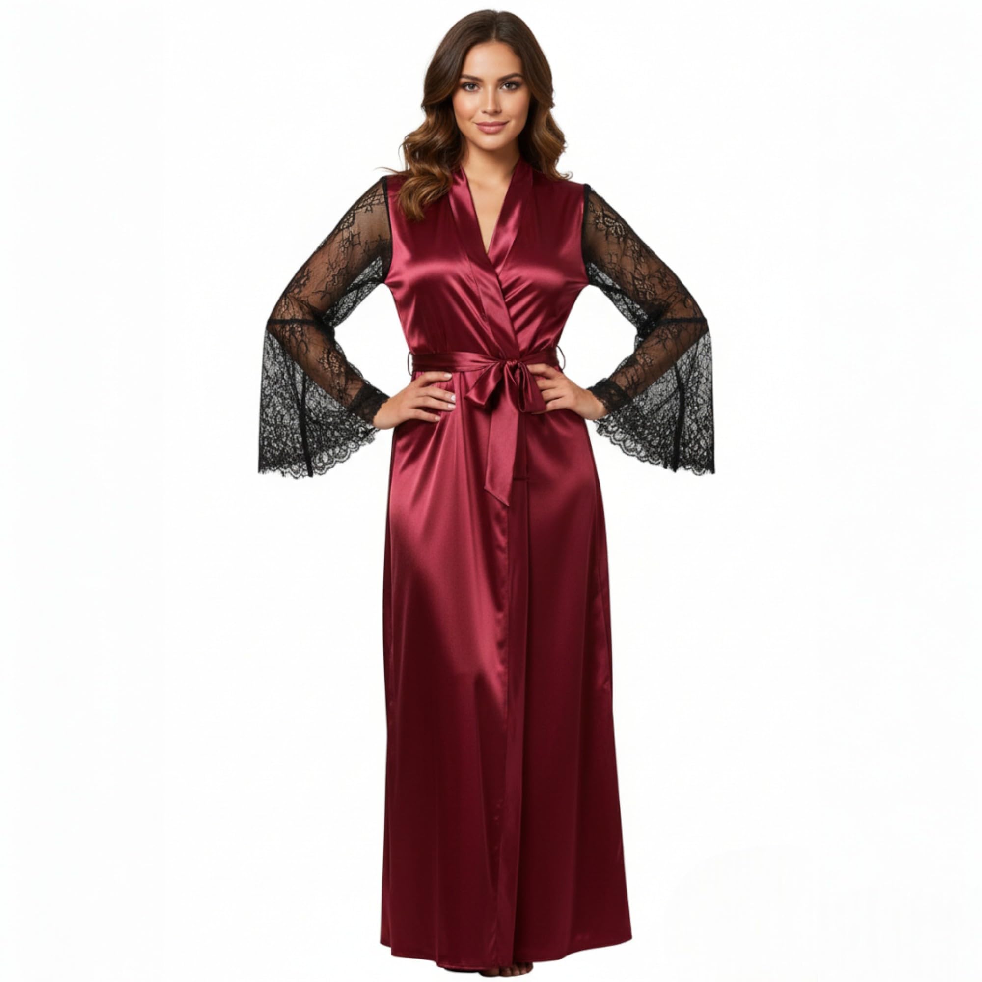 Women Luxury Satin Long Robe for Women with Lace Sleeves – Elegant Nightwear, Full Length Dressing Gown with Belt Tie Set of Honeymoon Nightwear eyelace Gown