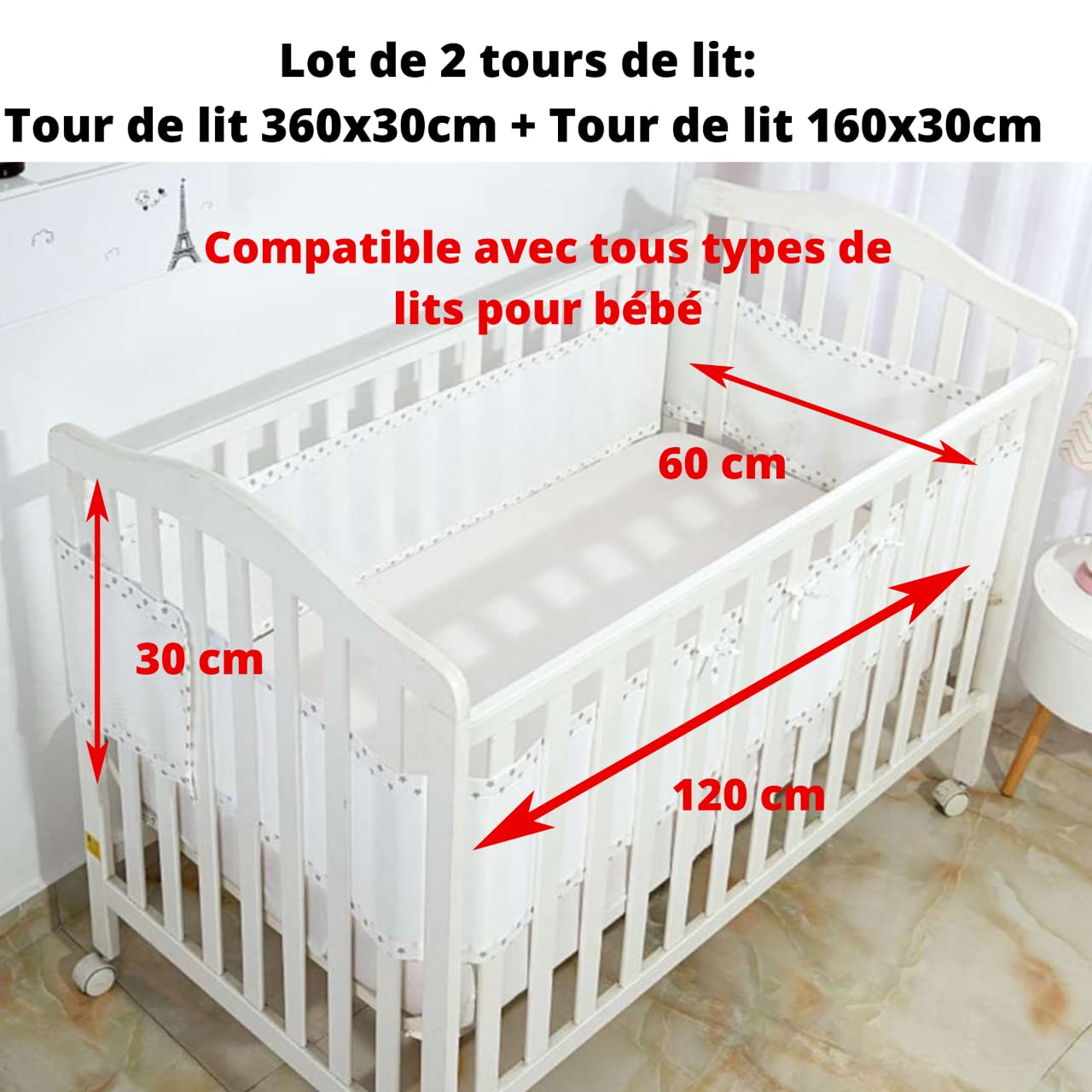 Tour de lit bébé/Lot de 2 pour lit bébé 60x120cm ou 70x140 cm/Protection de lit bébé avec Une visibilité maximale/Contour de lit bébé/Doublure de Berceau en Maille/Tour de lit Respirant