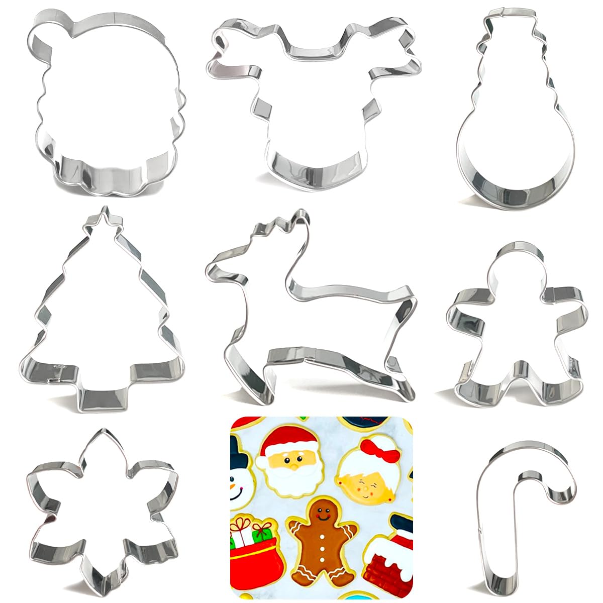 Christmas Cookie Cutters Set 8Pcs, Stainless Steel Fondant Cutter Sturdy Metal Biscuit Doubt Cutter, Cute Shapes Santa Claus Christmas Cane Tree Elk Snowflakes Snowman