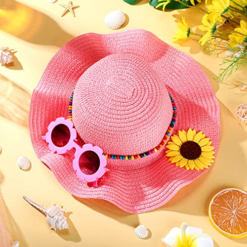 Summer Straw Hat For Girls Large Brim Sunflower Beach Hat Cute Flower Sun Hat With Flower Round Sunglasses (Pink) #TOP3