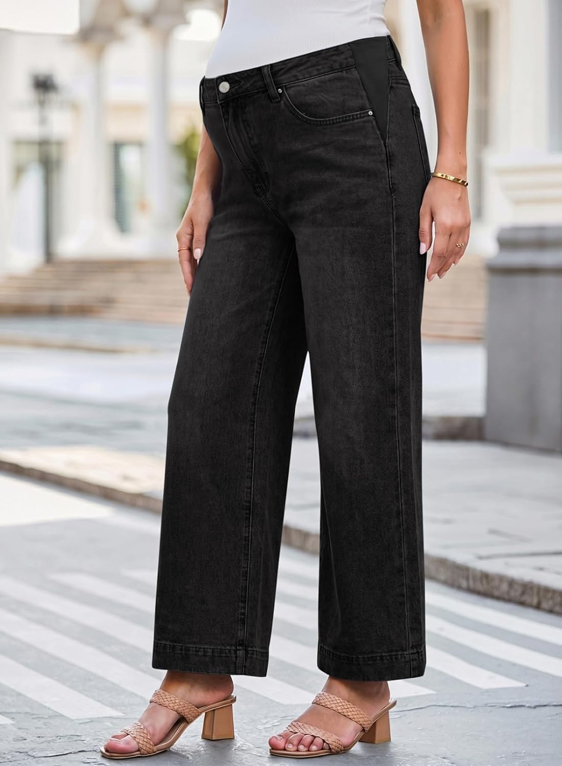 BLENCOT Women's Maternity Jeans Wide Leg Pregnancy Pants for Work | Trendy Flare Jeans Elastic Waist Patch Pockets, Weekend Lounge Shopping Casual, Adjustable Side Panel