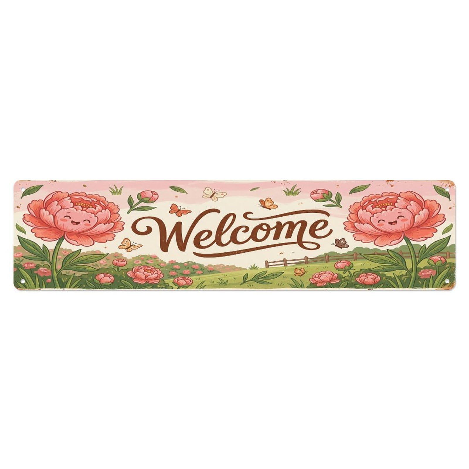Cxhjca 4X16inch(10X40cm) Vintage Welcome Peony Blossom Metal Tin Sign