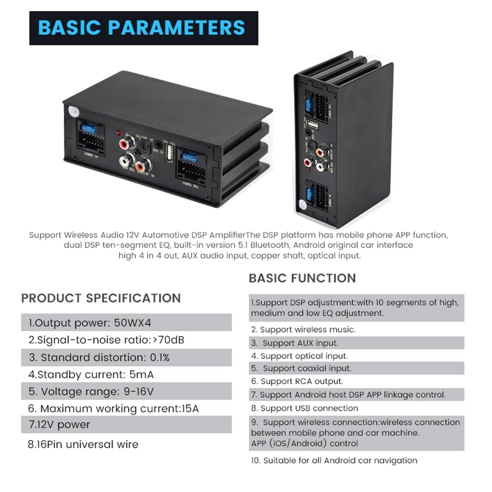 Procesador Amplificador para AutomóVil de 4X50 W Compatible con 10 Efectos de Sonido EQ Procesadores de Sonido Digitales Amplificador de Potencia de Audio Plug y Play