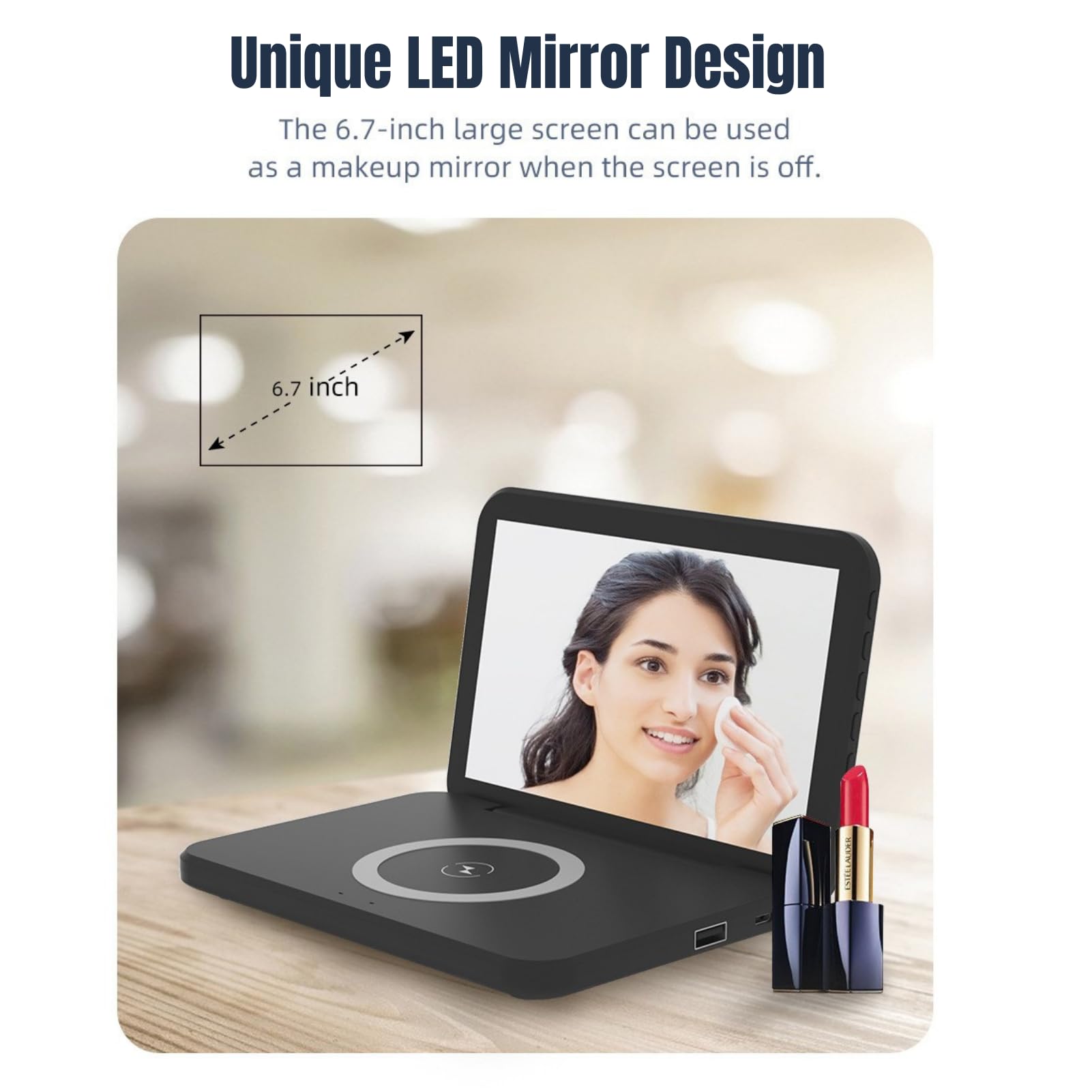 Sveglia Digitale con Stazione di Ricarica Orologio da Comodino Pieghevole 4 in 1 con Termometro Caricabatterie Wireless da 15 W, Sveglia con Ricarica Wireless Display a Specchio (Nero)