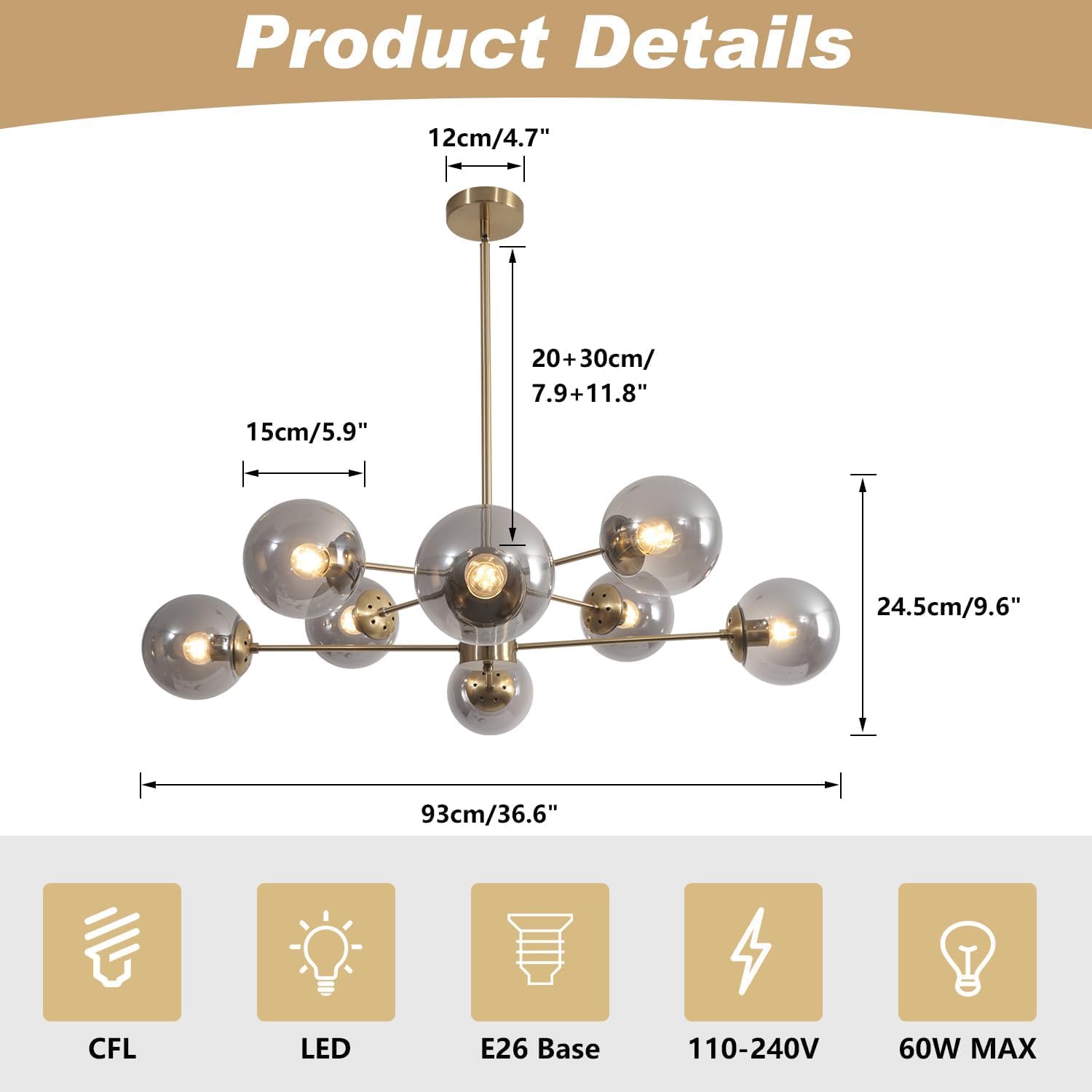 Snapklik.com : Lighting 8 Light Sputnik Chandelier Gold Smoke Glass ...