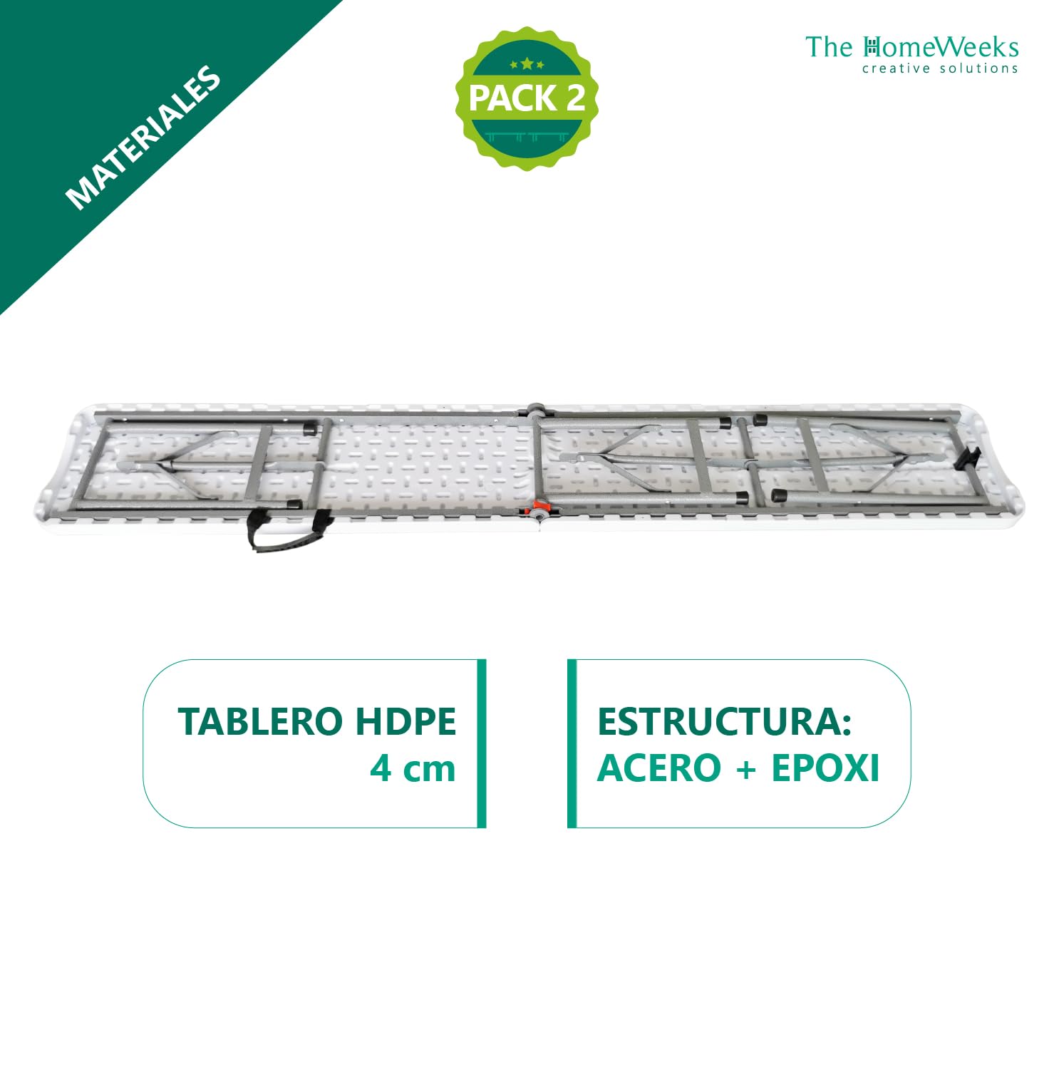 The Homeweeks Pack 2 Bancos Plegables Solid180cm | portátiles | Normativa Uso público Interior/Exterior | EN 581-1/2 | Tablero Resina HDPE 4cm | Estructura Acero | Capacidad 2-3 Personas