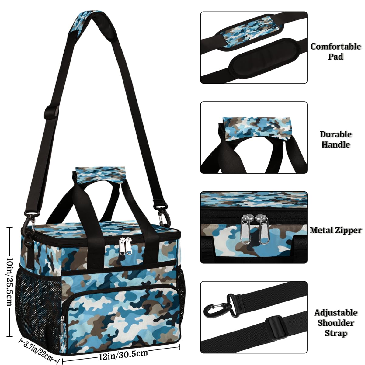 Camo Blue Insulated Picnic Backpack Lunch Box for Women Men Picnic Basket Tote Lunch Bag Picnic Bag Portable Lunch Bags for Picnic, Beach, Work, Trip,Office, Camp Camouflage Print