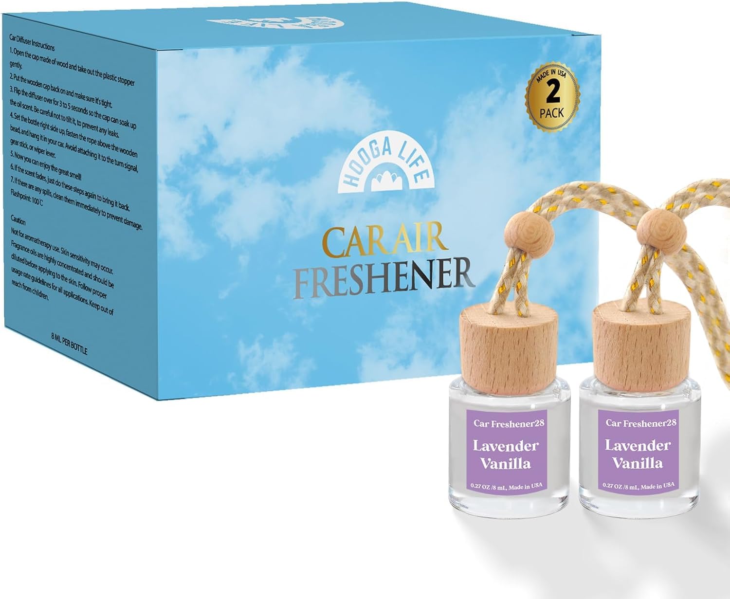 HoogaLife Car Air Freshener Diffuser 2 Pack Hanging Air Freshener Diffuser -Lavender Vanilla Fragrance Oil Air D iffuser for Car, 45+ days Long Lasting Fragrance Made in USA C ar Air Fresheners (L28)