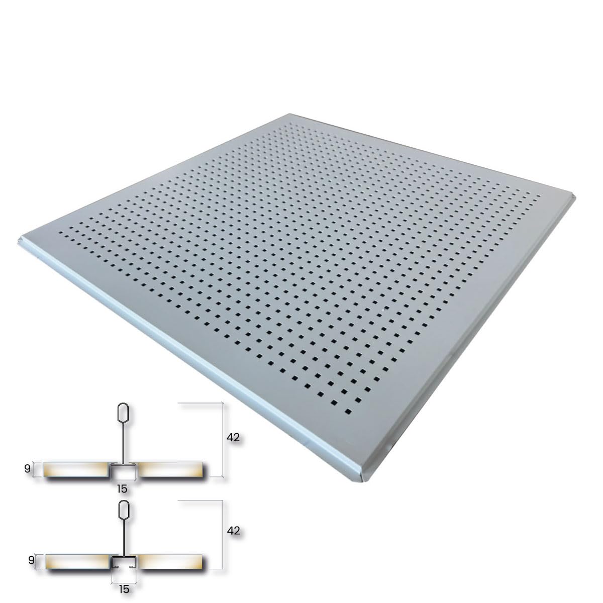Isolamenti Controsoffitti Metallici Modulari, 60x60 cm, Bianco/White RAL 9003 , Acciaio Zincato, Alta Prestazione Acustica, 20 Pannelli, 7,20 mq (LAY-IN 15 foratura quadrata)