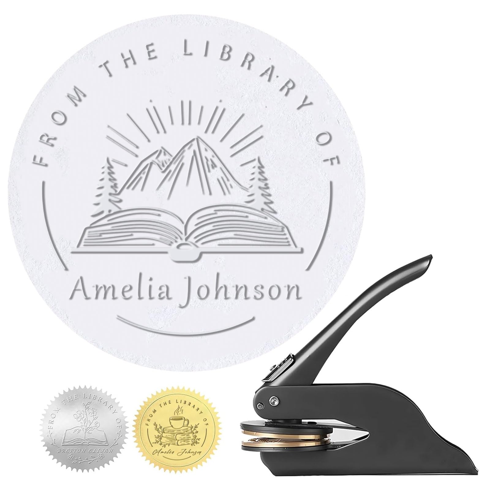 Personalised Book Embosser Stamp with Name and Logo, Custom Embossed Book Stamp for Books, Cards, Libraries, Envelopes, Wedding Invitations, Notary Seal Labels (Style 2)