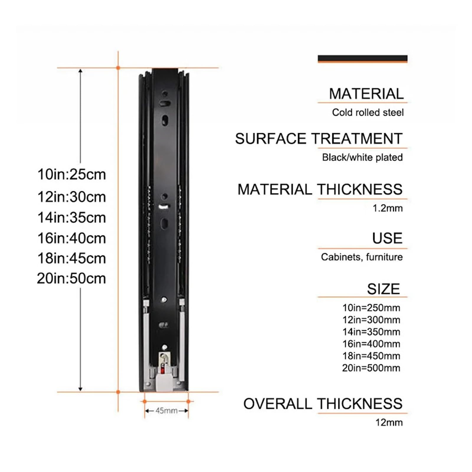 Guías for cajón de apertura a presión de 45 mm Herrajes silenciosos de 3 secciones(18 inch (45cm))