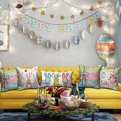 Miniatura 7 de DFXSZ Juego de 4 fundas de almohada de Pascua de 18 x 18 pulgadas, diseño de conejo de huevo colorido de Pascua para cojines, fundas de almohada de