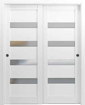 Sliding Closet Door SARTODOORS Quadro 4113 Bypass Interior Doors with Frosted Glass, MDF, 36x80, White, Modern Style Hardware Included