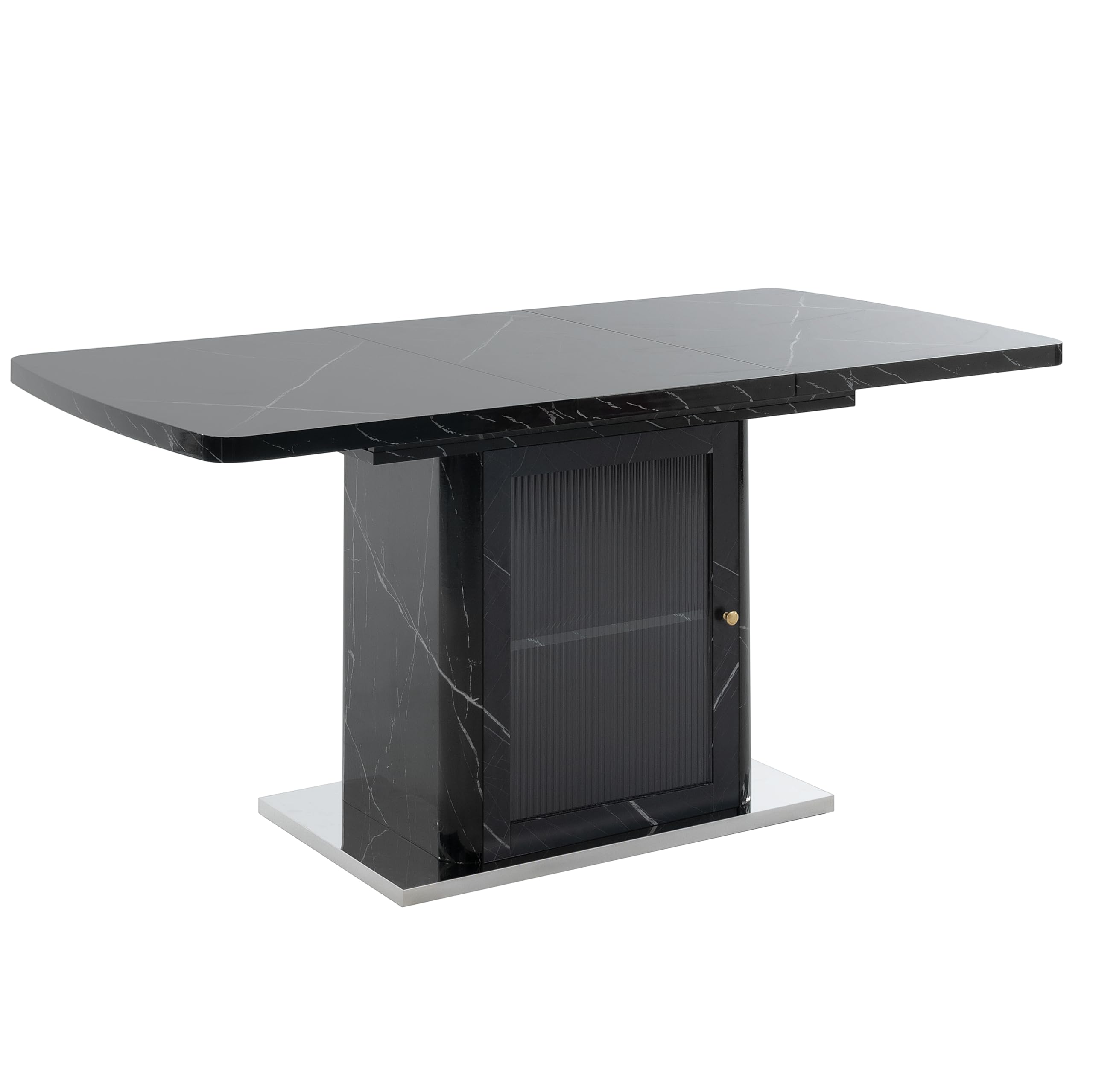 Vivca, tavolo da pranzo moderno allungabile, 120-160 cm, piano con stampa in marmo nero, gambe in metallo, elegante e funzionale per sala da pranzo, cucina, soggiorno