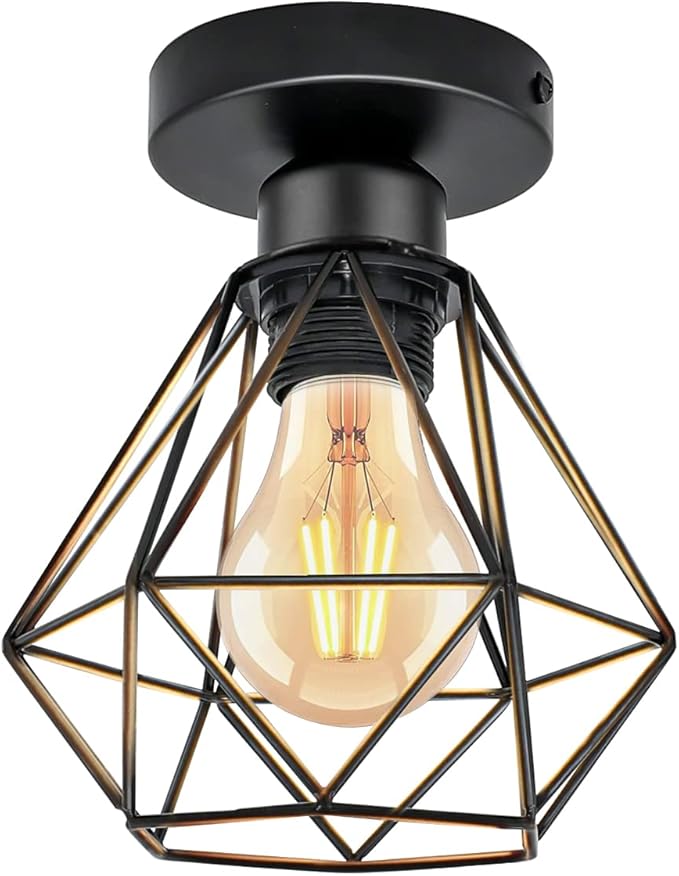 URing Industriële plafondlamp, E27, vintage lamp, metaal, kooi, retro hanglamp, plafondverlichting, Ø 160 mm, max. 40 W, lampenkap voor woonkamer, keuken, slaapkamer, restaurant, café, bar, zwart, 1