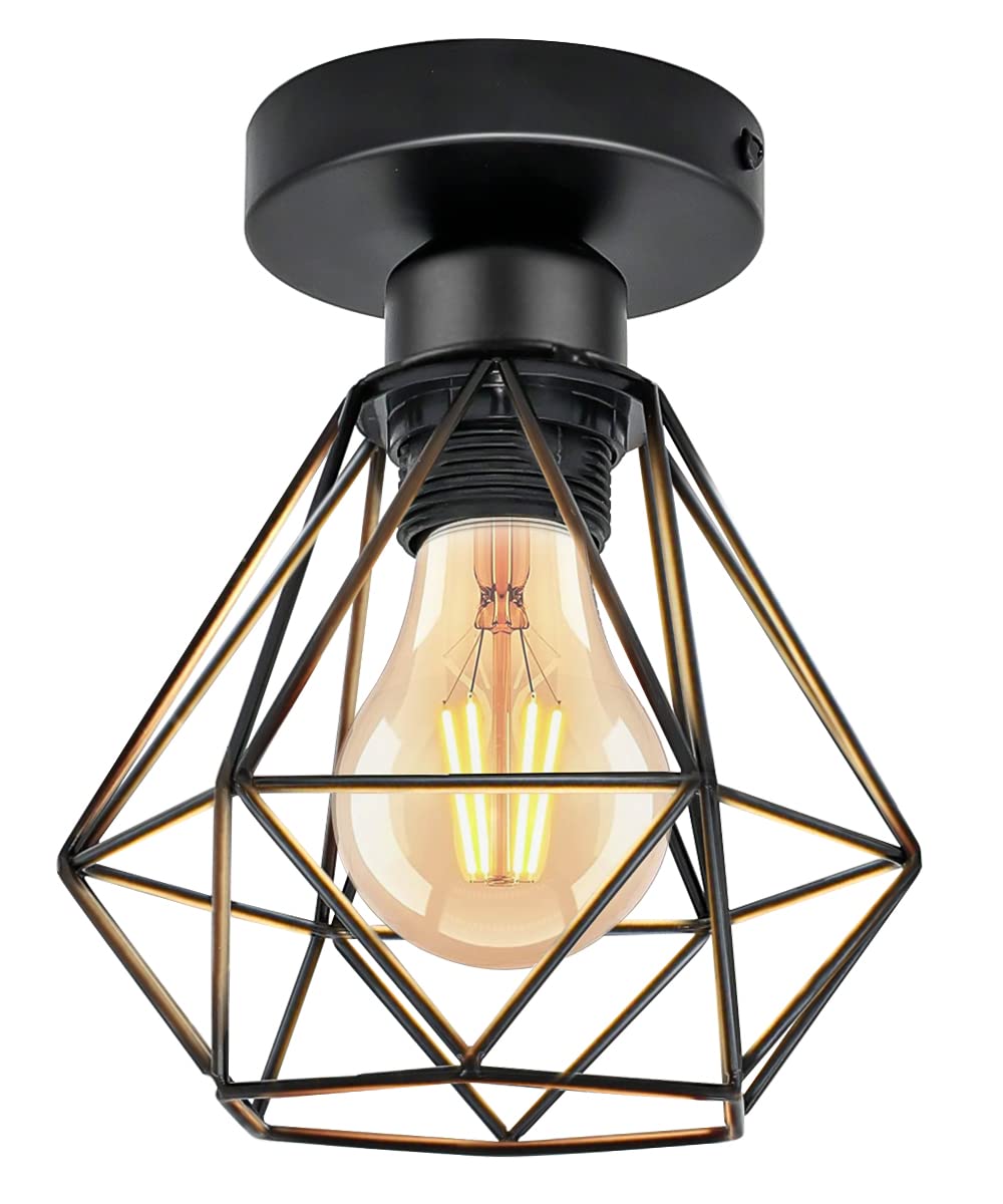 URing Lámparas de Techo Lámparas Colgante Vintage, Industrial Metal Iluminación de Techo E27 en Estilo Jaula Geométrica Para Sala de Estar, Cocina, Dormitorio, Pasillo, Patio, Ø 16cm, Negro, 1 Luz