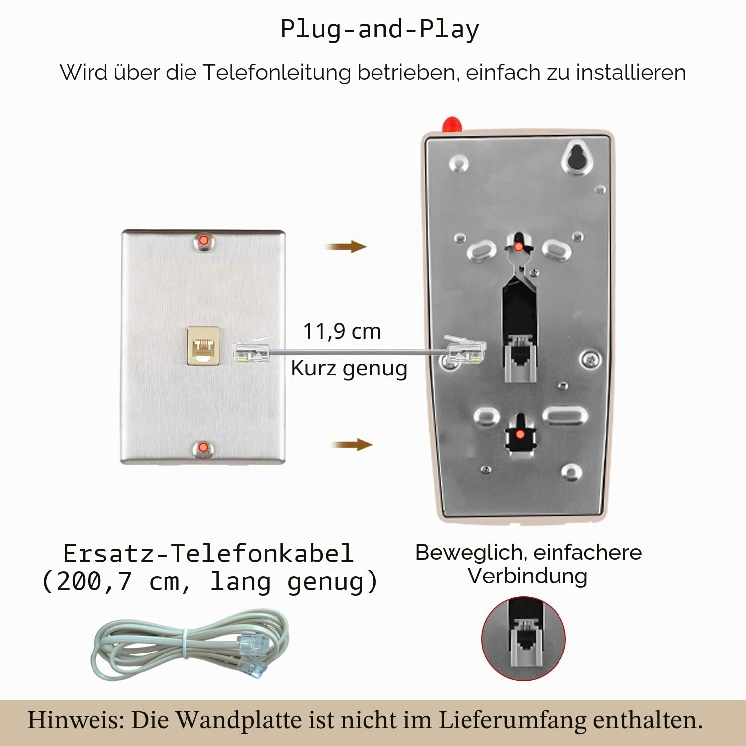 Klassisches Wandtelefon für Festnetz mit mechanischem Klingel, einreihiges 2554 Wandtelefon mit Anzeige, Retro-Wandmontage, wasserdicht, alte Wandhalterung für Küche, Zuhause, Beige
