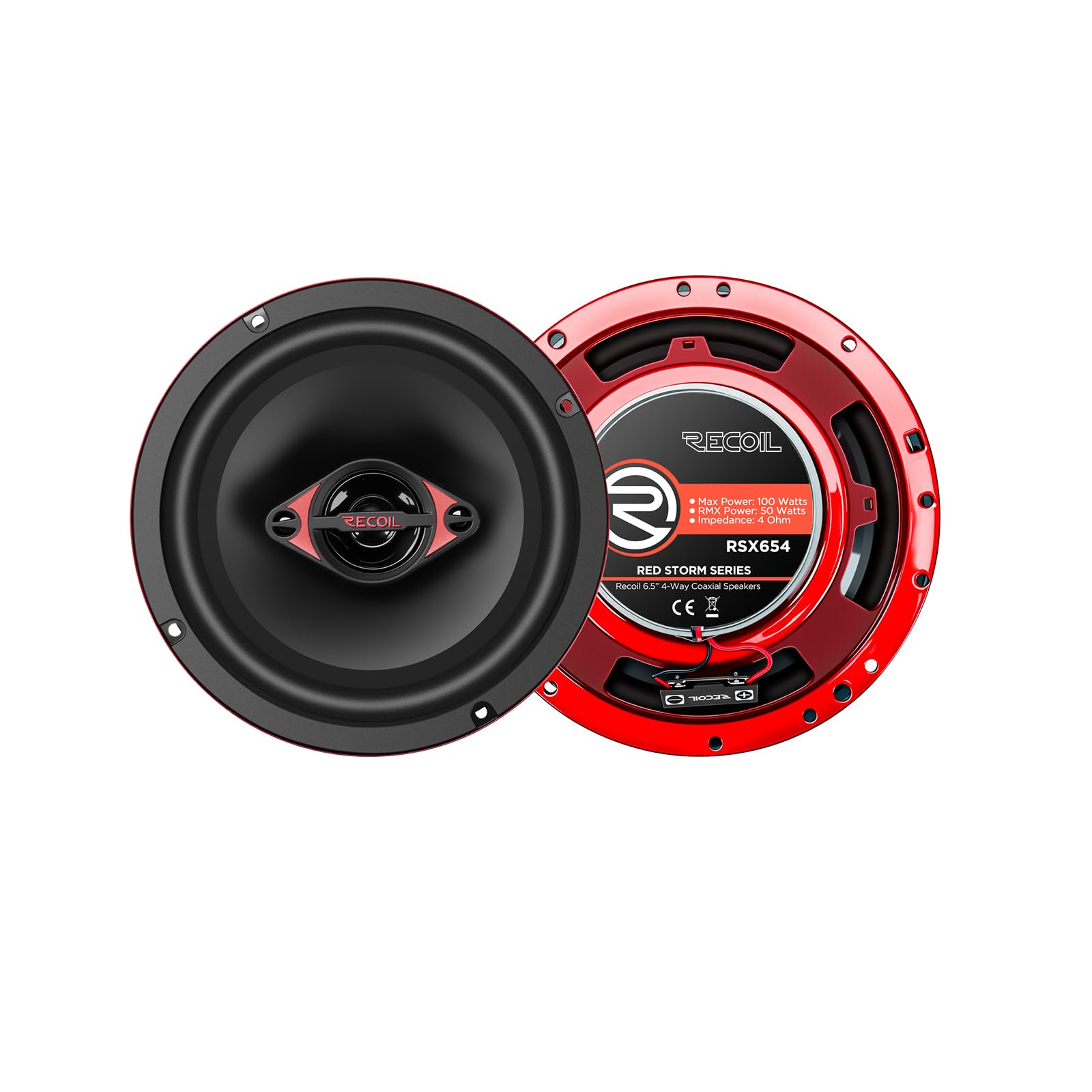 RECOIL RSX654 Altavoces coaxiales para Coche de 4 vías 165 mm (6,5 Pulgadas), 200 W máx. (par), Sonido equilibrado de Alto Rendimiento con Altavoz de Medios Mylar