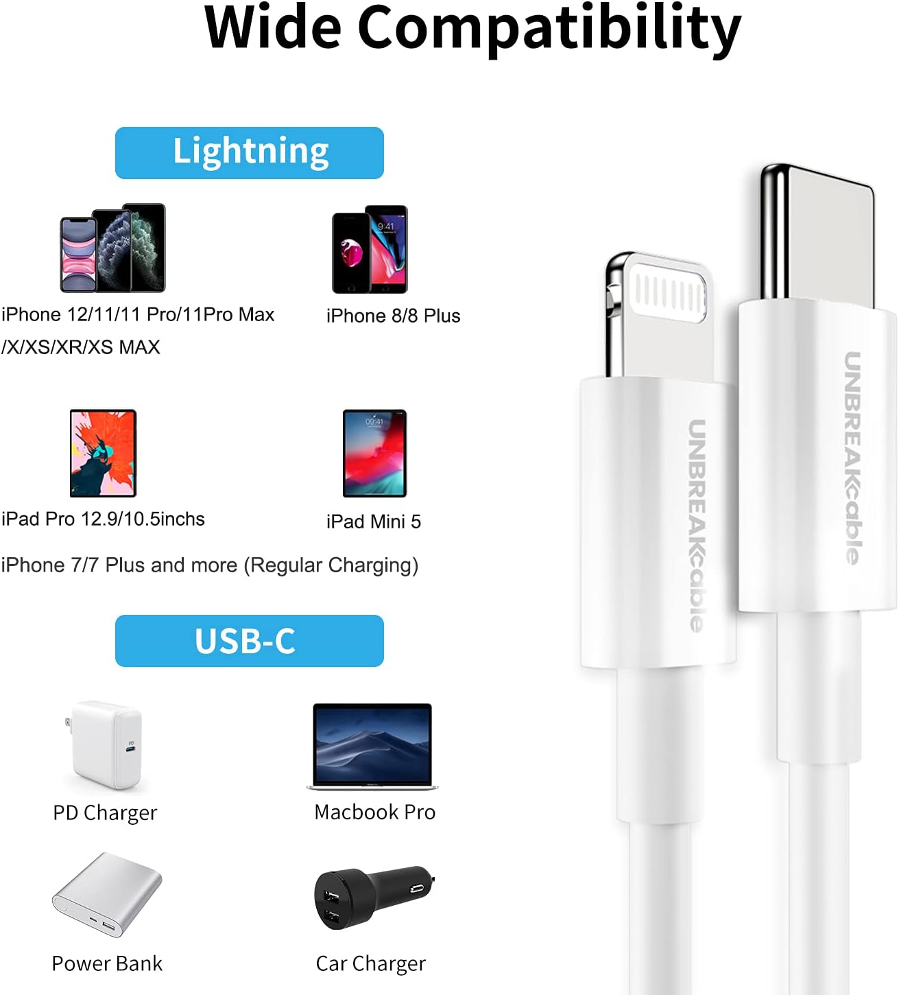 UNBREAKcable USB C to Lightning Cable [3ft Apple MFi Certified] Compatible with iPhone 13 12/Pro Max/Pro/mini/11/XR/XS Max/XS/X/8 and More, Supports Power Delivery - White
