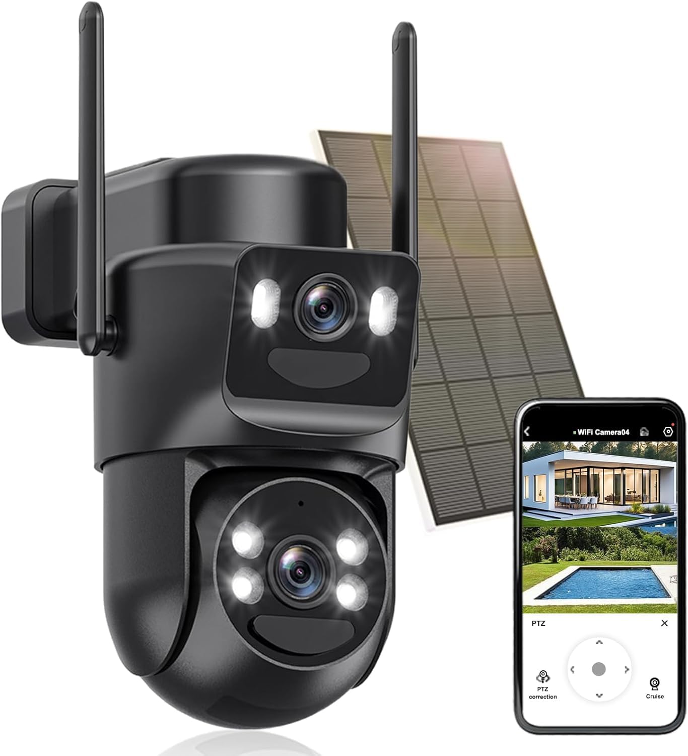 4K Camera Surveillance WiFi Exterieure sans Fil,AOV 24/7,Camera Solaire/Batterie 10000 mAh/Double Objectif,caméras de Surveillance Audio Bidirectionnel,360°PTZ Sécurité à Domicile,Suivi Automatique