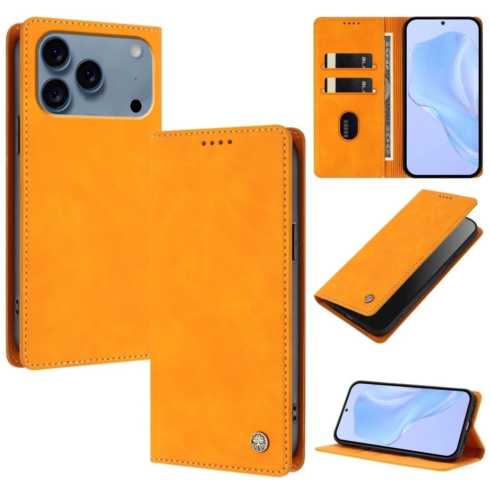 Étui iPhone 16 Pro en cuir rétro jaune avec rabat magnétique chic - 8