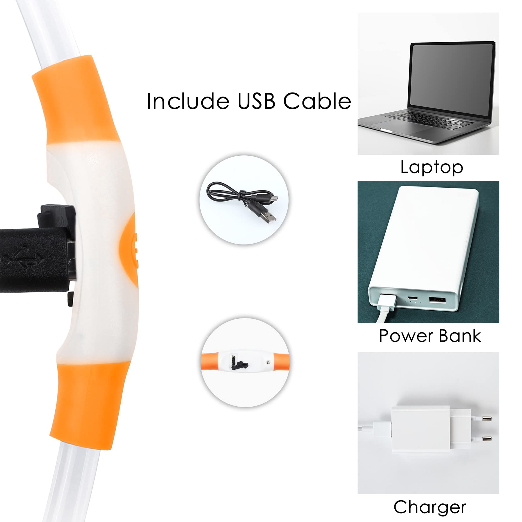 Coolzon Collare Luminoso per Cani USB Ricaricabile, Collare Cane Luminoso Impermeabile con 3 Modalità Di Luce, Regolabile Collare LED per Cani Gatti Taglia Piccola Media Grande, Arancia