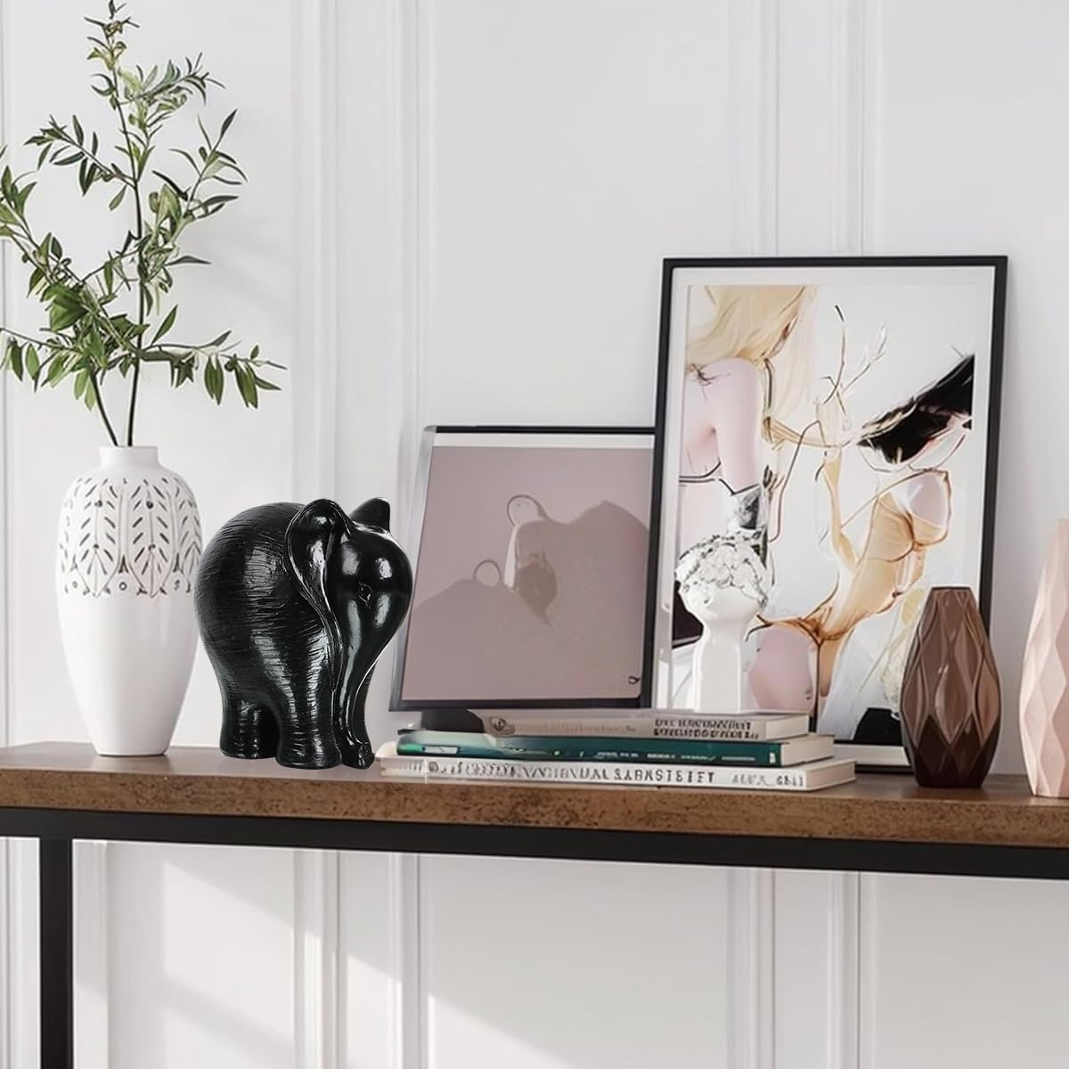 Modern Elephant Sculpture Office Desk Ornament/Bookshelf Decor/Living Room Centerpiece Minimalist Resin Home Decor (Black)