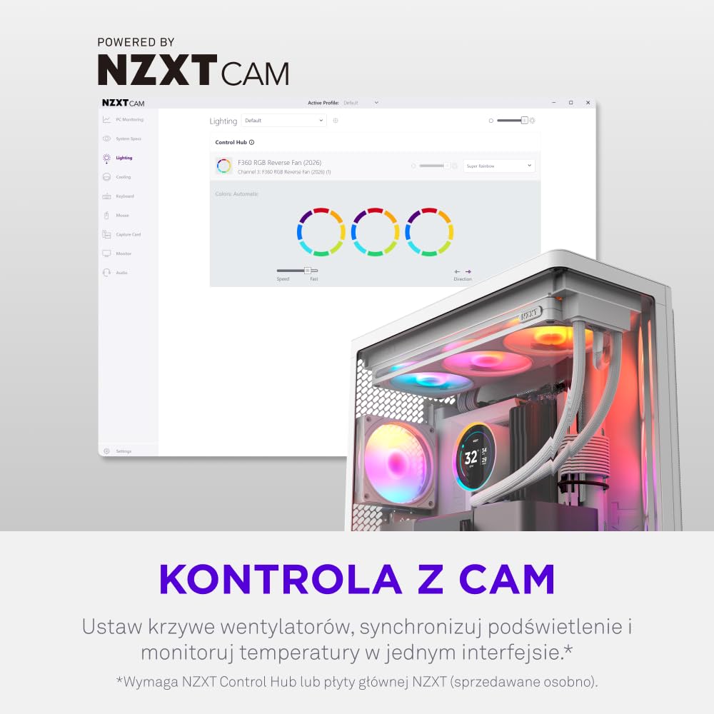 NZXT F360 RGB Reverse - Wentylator Odwrócony single-frame 360mm - Biały | Zestaw single-frame 360mm z trzema wentylatorami PWM RGB 120mm z odwróconymi łopatkami. Czysty airflow do zestawów na pokaz.