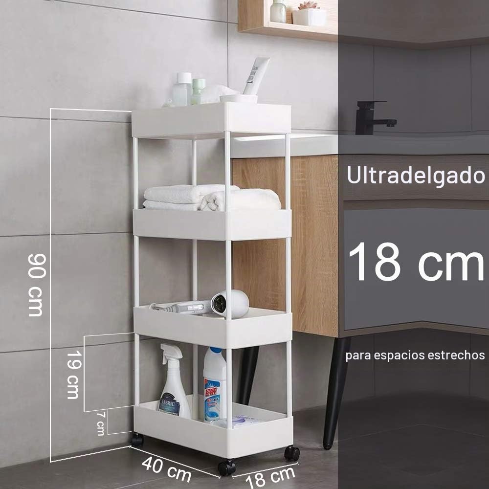 JAKAGO Carrito de Almacenamiento Estrecho con Ruedas (4 Niveles) para Espacios Pequeños, con 3 Cajas Colgantes y 8 Ganchos para Salón Comedor Cocina Baño 40x18x90cm-Blanco